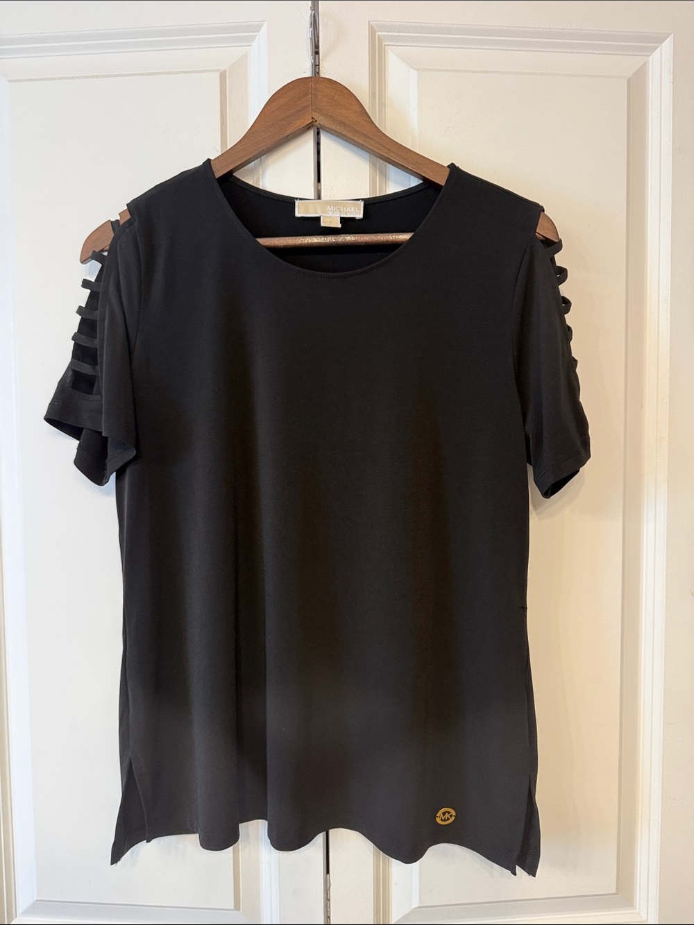 Michael Kors Black Short Sleeve Top with Ladder Cutout Shoulders